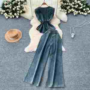 Ensemble décontracté d'été pour femme : Tunique sans manches à col en V en tissu uni et pantalon de jogging en jean taille haute, anti-plis - Product Image 3