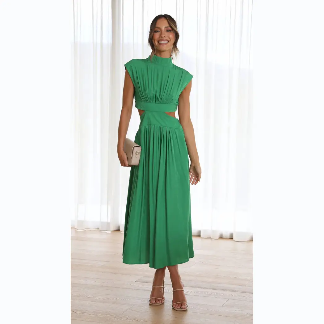 23 Years Sweet Fashion Women Dresses Street Summer New Stand Collar Solid Color Hollow Out Maxi Ladies Dress Elegant