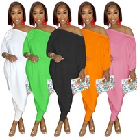 2021 Casual Color sólido otoño verano de las mujeres trajes de 2 piezas conjunto de pantalón de moda oblicua hombro 2 piezas conjunto