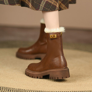 Cialisa <span class=keywords><strong>marrone</strong></span> vera <span class=keywords><strong>pelle</strong></span> inverno caldo pelliccia scarpe da donna nero grosso tacco medio stivali da neve conciso signore stivaletti corti alla caviglia - Product Image 3