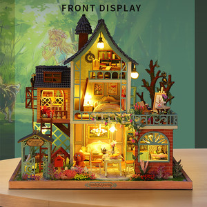 Rumah boneka Mini rumah boneka kayu Diy, Kit rumah boneka miniatur
