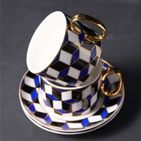 Ensemble de tasses de luxe Coffret cadeau Géométrie bleue Céramique Coffee Tea Pot et Tasses Sets