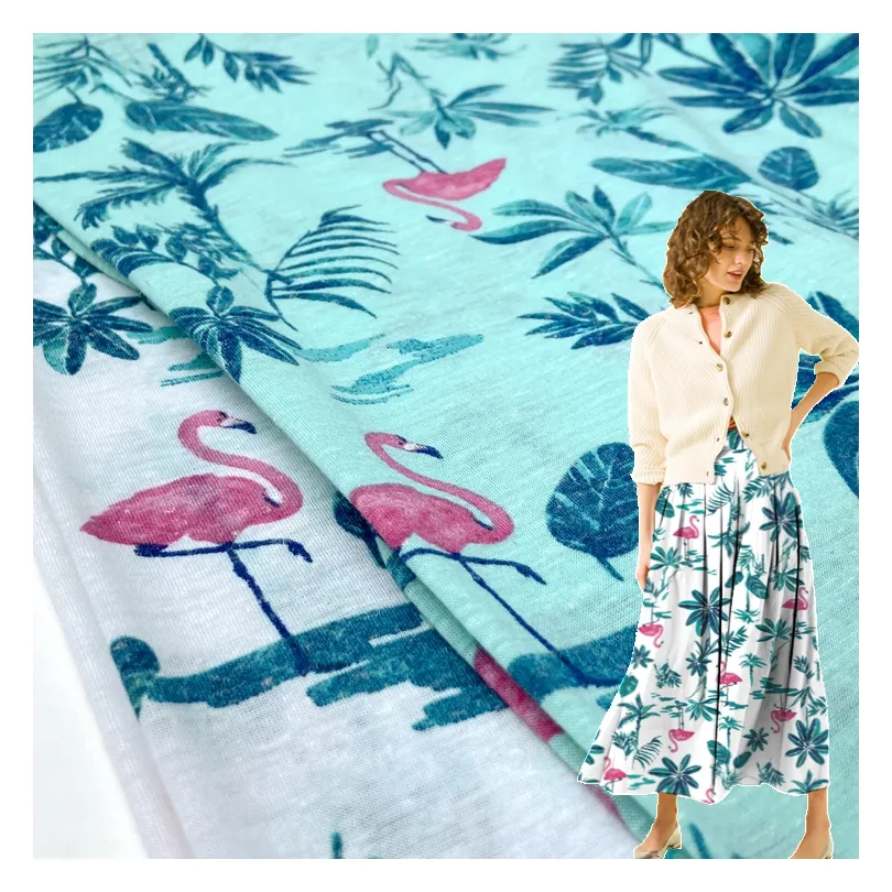 Mignon flamant rose design 85% polyester 15% lin personnalisé imprimé 135GSM tissu jersey simple pour robe d'été