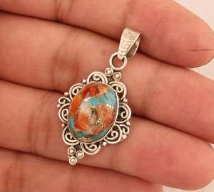 925 Sterling Silver Oyster Cuivre Turquoise Collier Pendentif pour Femmes À La Main Ovale Gemme Bohème Pendentif - Product Image 1