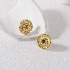 Wholesale Waterproof Non Tarnish Stainless Steel PVD 18K Gold Plated <b>Tiger</b> <b>Eyes</b> Custom Stud Earrings - Product Image 3