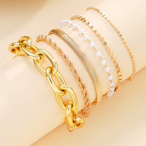 Parure de bijoux main pour femme Vente en gros Hyperbole 6Pcs/Set Kit bracelet chaîne alliage or perle - Product Image 3