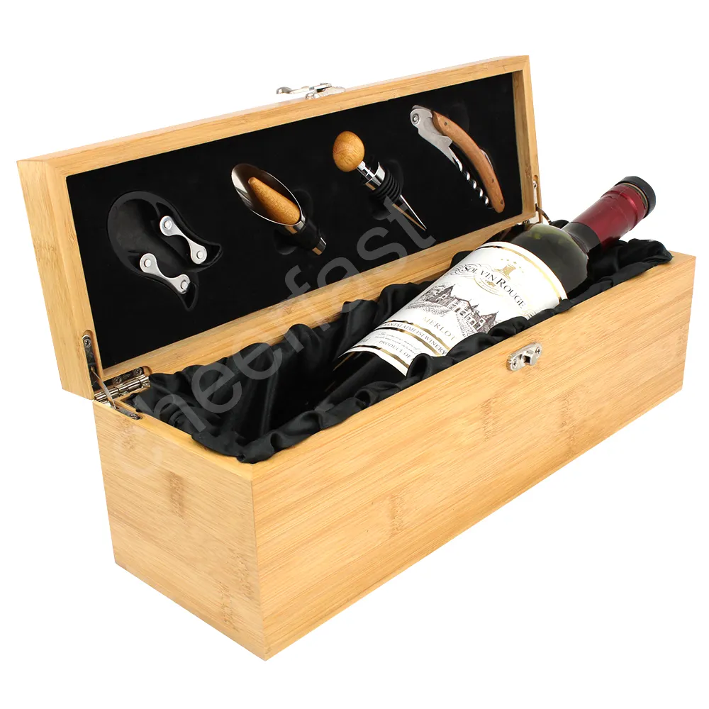 Melhor caixa de madeira de vinho, porta vinho e 4 peças, acessórios kit de caixa de garrafa de vinho tinto de bambu