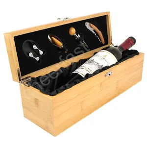 Best Wooden Wine Gift Box Wine Storage Carrying Case And 4pcs Accessories Kit Bamboo Red Wine Bottle Box Set