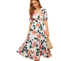 Floral Print Maxi Dress for Women, High Waist, Blue, White