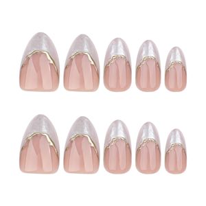 Faux <span class=keywords><strong>ongles</strong></span> blancs français courts, forme amande épanouie, motif encre dorée, à presser, en ABS, pour manucure, vente en gros - Product Image 5