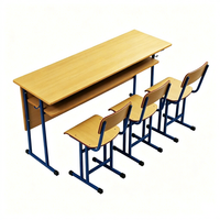 Ensemble de bureau et chaise d'école 3 places, bureau d'élève avec tiroir de rangement, structure métallique, plateau en bois, mobilier scolaire