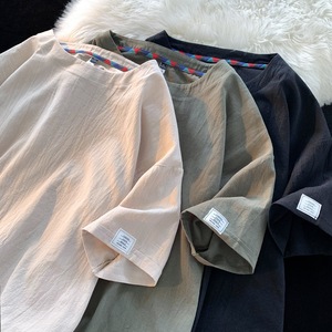Men's Summer Linen Short <strong>Sleeved</strong> <strong>T</strong>-<strong>shirt</strong>, Cotton Linen <strong>Half</strong> <strong>Sleeved</strong> Loose Solid Color Base <strong>T</strong> <strong>Shirt</strong>, Fashionable Tshirt - Product Image 1