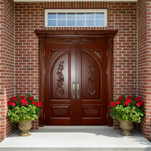 ราคาโรงงานบินบิน ประตูไม้จริงแบบสองบานสำหรับวิลล่า ประตูทางเข้าหลัก สไตล์ดั้งเดิม ทาสีอบแบบอีโค่ด้วยน้ำ  ขนาดและสีตามสั่ง ออกแบบได้ - Product Image 5