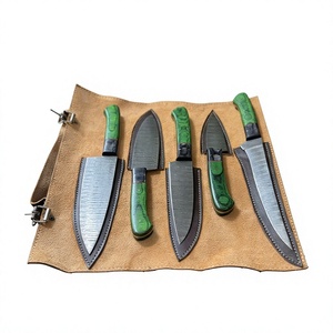 Ensemble de couteaux de cuisine en acier Damas, 5 pièces, manche en bois, lames droites, couteaux de chef, lame polie, ambidextres, haute qualité, 58-60HRC - Product Image 2