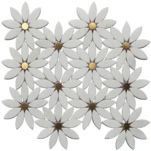 Hand Made Wholesale Porcelain Bathroom Wall Marble Mosaic Tile White Gold Flower Europe Style Wholesale Mosaic Mineral Tiles