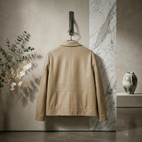 Veste en peau de mouton pour femme, couleur kaki, col chemise, fermeture à boutons pression, poche latérale zippée, coupe droite courte, manteau en cuir décontracté pour femme