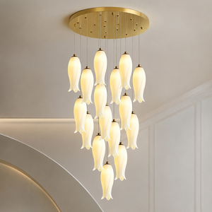 Lustre long en céramique personnalisé à plusieurs têtes pour villa, duplex, plafond haut, escalier, hall d'entrée - Product Image 2
