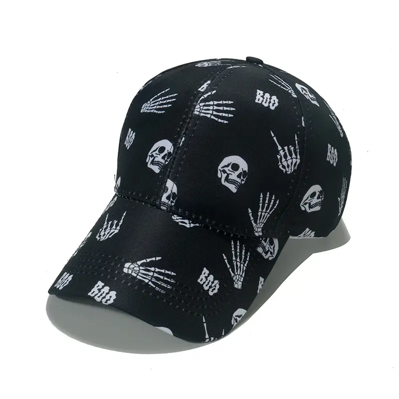 ホット販売新しいファッションフルスカルフィンガーパターン6パネル野球帽カスタムパーソナリティスカルプリント野球スナップバックキャップ
