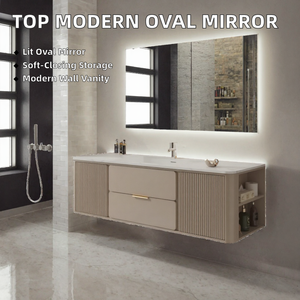 Meuble-lavabo mural moderne en contreplaqué avec miroir ovale et vasque à fermeture douce - Product Image 2