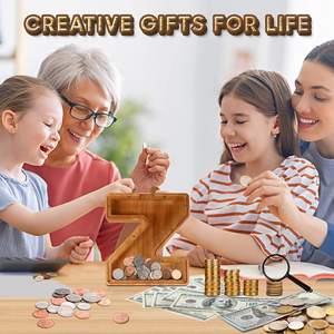 कस्टम व्यक्तिगत पारदर्शी लकड़ी की मुद्रा बचत बॉक्स डिय पिग्गी बैंक बच्चों के लिए कार्टन लकड़ी के पत्र उपहार के साथ - Product Image 3