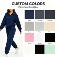 Ensemble 2 pièces en molleton personnalisé pour femme : Sweat-shirt décontracté à demi-zip et pantalon de jogging élastique assorti