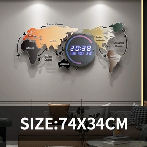 Relojes de pared digitales acrílicos decorativos de pared de 74x34cm reloj Led inteligente con forma de mapa del mundo creativo con calendario - Product Image 2