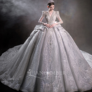 Robes de mariée bouffantes à col en V, pailletées et ornées de perles LSHT102 pour femmes - Product Image 4