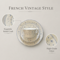 Service de table en céramique bleu floral vintage français, assiettes festonnées en relief, bol, tasse, soucoupe, porcelaine de Chaozhou, vente en gros