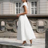 Robe longue vintage à pois pour femme, manches courtes, taille ajustée, coupe trapèze, élégante, pour le bureau et les trajets quotidiens – En stock, vente en gros