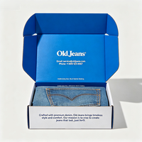 Boîte d'emballage personnalisée haut de gamme bleu et blanc pour jeans, imprimée avec un motif avion, avec logo et histoire de marque, pour l'emballage de vêtements et de jeans