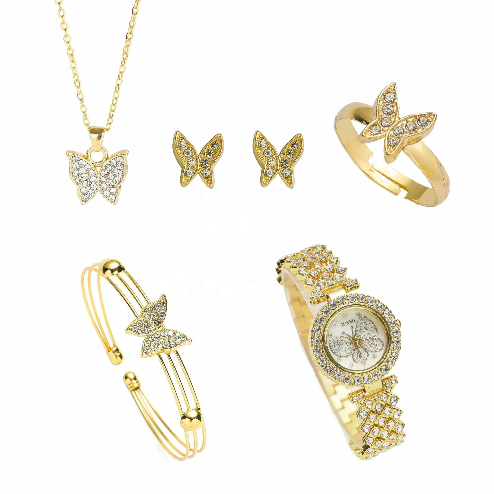 Nueva tendencia mariposa diamante cuarzo reloj conjunto oro cristal reloj pendientes pulsera anillo collar joyería conjunto