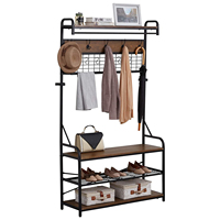 Porte-manteau industriel d'entrée avec banc de rangement pour chaussures, étagère et crochets, meuble en bois avec cadre métallique