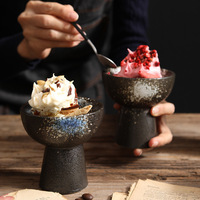 Ensemble de bols en céramique pour pieds hauts Plats en porcelaine noire durables Desserts Soupe Petit bol à pouding Milkshake Crème glacée Soupe au yaourt
