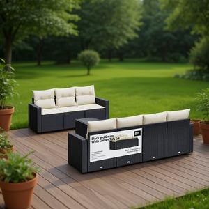 Ensemble de canapés de jardin noir et crème avec coussins, mobilier d'extérieur au design contemporain, résistant à l'eau et aux UV, en rotin PE - Product Image 2