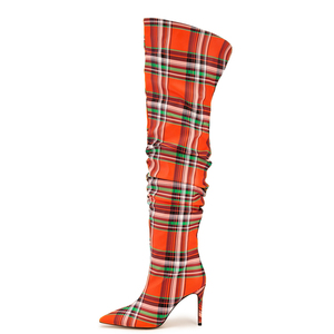 Big Size 45 Women Plaid Print Over Knee High <b>Boots</b> Pleated Upper Wide Fit Shoes Ladies Pointed Toe Thigh High Long Booties - Product Image 2