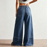 Jean floral pour femme taille basse, coupe large, ample, avec cordon de serrage, en denim tendance