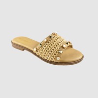 Sandales plates ouvertes en paille tressée pour femmes, avec clous et pierres, confortables, légères, antidérapantes, à enfiler