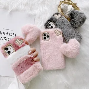 custom cellphone caseRabbit Fur fluffy plush women phone case for iphone 13 Pro Max case Love Heart Ball pendant Cute Plusch