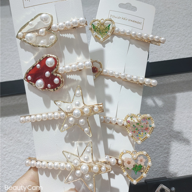 Gold plated resin gum drop heart pearl hairpin girl headdress