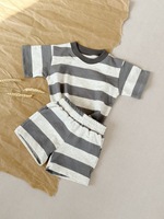 Ensemble T-shirt rayé à manches courtes en tissu peigné polyester/coton style militaire pour garçons et filles Ins
