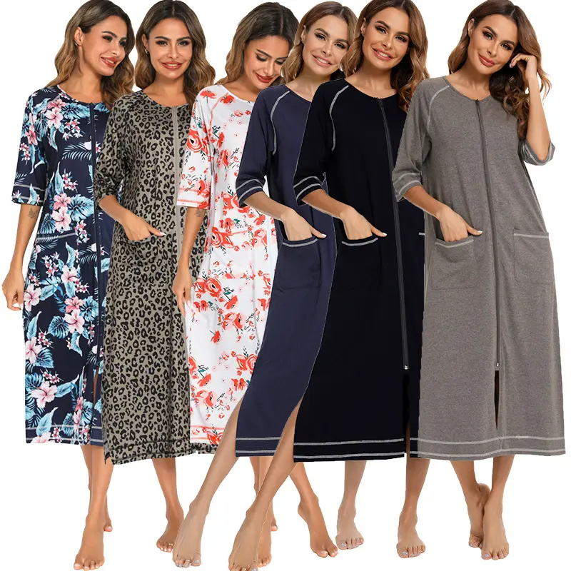 Womens Zipper Front Robes 3/4 Sleeve Housecoat Maternity Long Nightgown Casual Loose Striped Floral Loungewear with Pockets