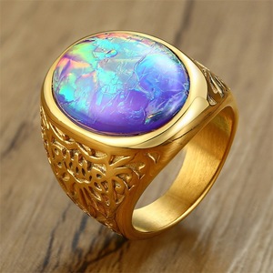 Anillo ovalado de acero inoxidable y oro de alta calidad <span class=keywords><strong>para</strong></span> hombre, Gema grande preciosa, Ópalo - Product Image 1