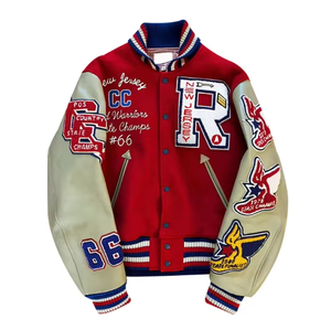 เสื้อแจ็กเก็ตบอมเบอร์สำหรับผู้ชาย, เสื้อแจ็กเก็ตบอมเบอร์สไตล์วินเทจปักด้วยผ้าขนสัตว์แขนเสื้อเบสบอลโลโก้ตามสั่งสำหรับฤดูหนาว - Product Image 5