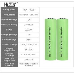 גבוהה באיכות 14500 <span class=keywords><strong>NIMH</strong></span> <span class=keywords><strong>1.2V</strong></span> <span class=keywords><strong>2100mAh</strong></span> <span class=keywords><strong>AA</strong></span> נטענת סוללה עבור צעצועים - Product Image 2