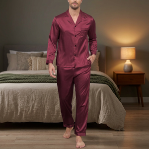 Ensemble pyjama en satin premium pour homme, 2 pièces, manches longues, boutonné, vêtements de nuit, vêtements de détente, pyjama pour homme, doux comme de la soie, vêtements de maison - Product Image 3