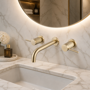 Rubinetto per Lavanderia a Parete in Ottone Spazzolato Oro con Doppia Maniglia, Modello per Lavabo da Soggiorno - Product Image 2