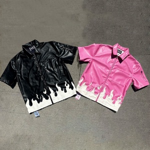OEM Custom High Quality Distressed Applique Embroidery Pu Leather Zip up Jacket T Shirt for <b>Men</b> - Product Image 1