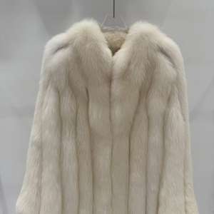 Nuovo Cappotto Lungo in Vera <span class=keywords><strong>Pelliccia</strong></span> di Volpe <span class=keywords><strong>Beige</strong></span> di Lusso per Donna - Product Image 3