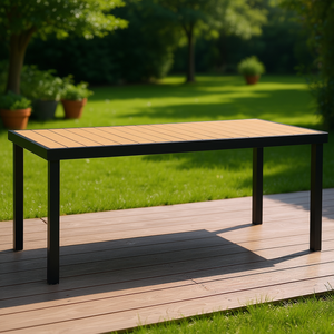 Tavolo da Pranzo Rettangolare da Esterno con Telaio in Alluminio e Piano in HDPE Effetto Legno, Impermeabile, Design Contemporaneo per Giardino, Patio e Parco - Product Image 2