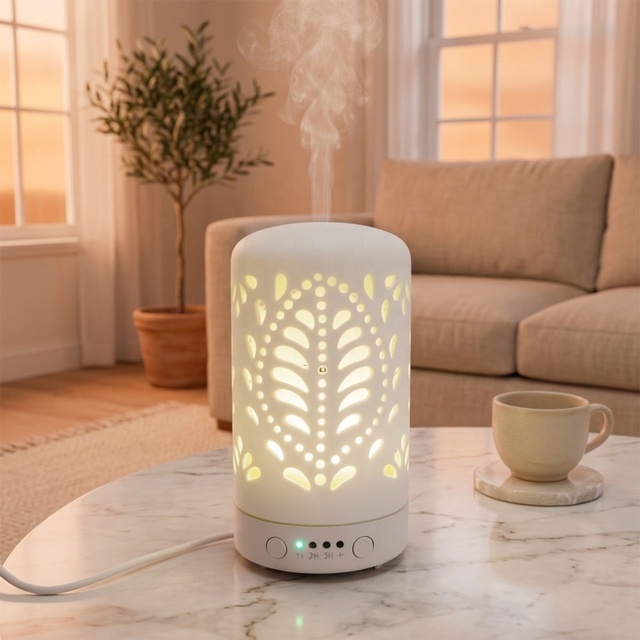 Personalised Unique Hollow Out Ceramic White Ultrasonic Oil Diffuser for Home Fragrance Office Use